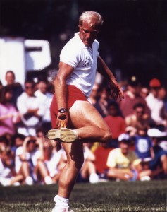 Greg Coropassi, seen kicking firebag in front of 3,000 to 4,000 people at the Capitol Mall at the Hacky Sack & Frisbee Festival in Washington D.C. 1984